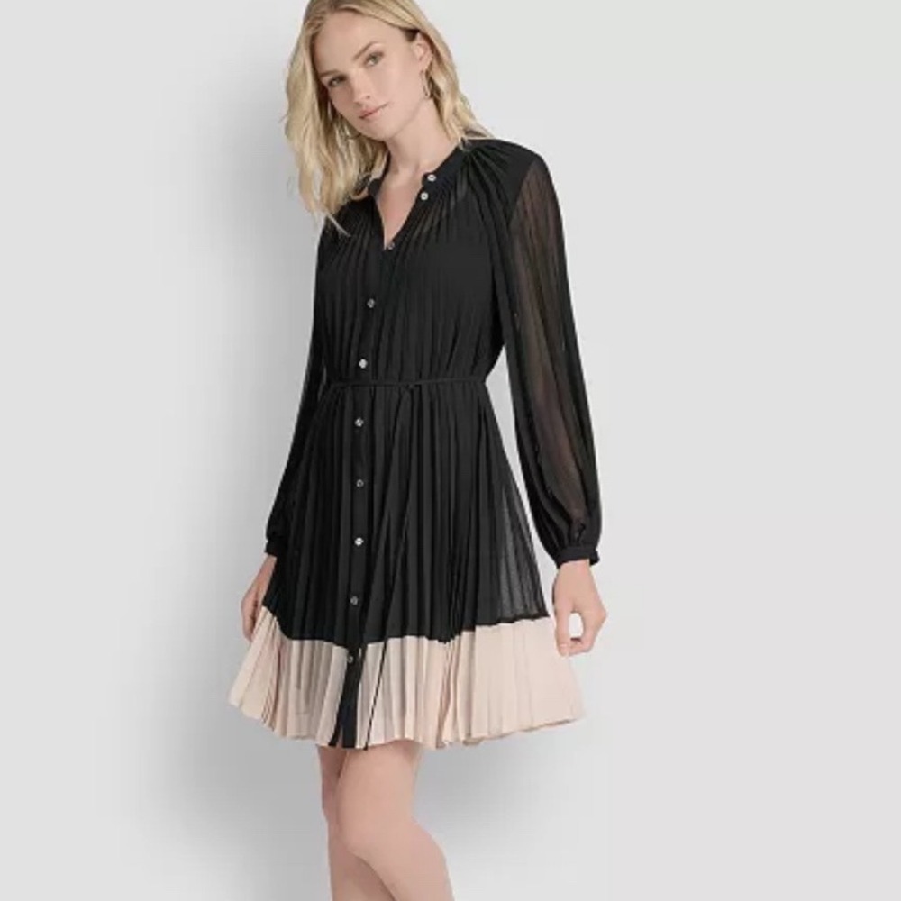 DKNY Pleated Shift Dress Women 8 New Black Blush Long Sleeve Mini $159